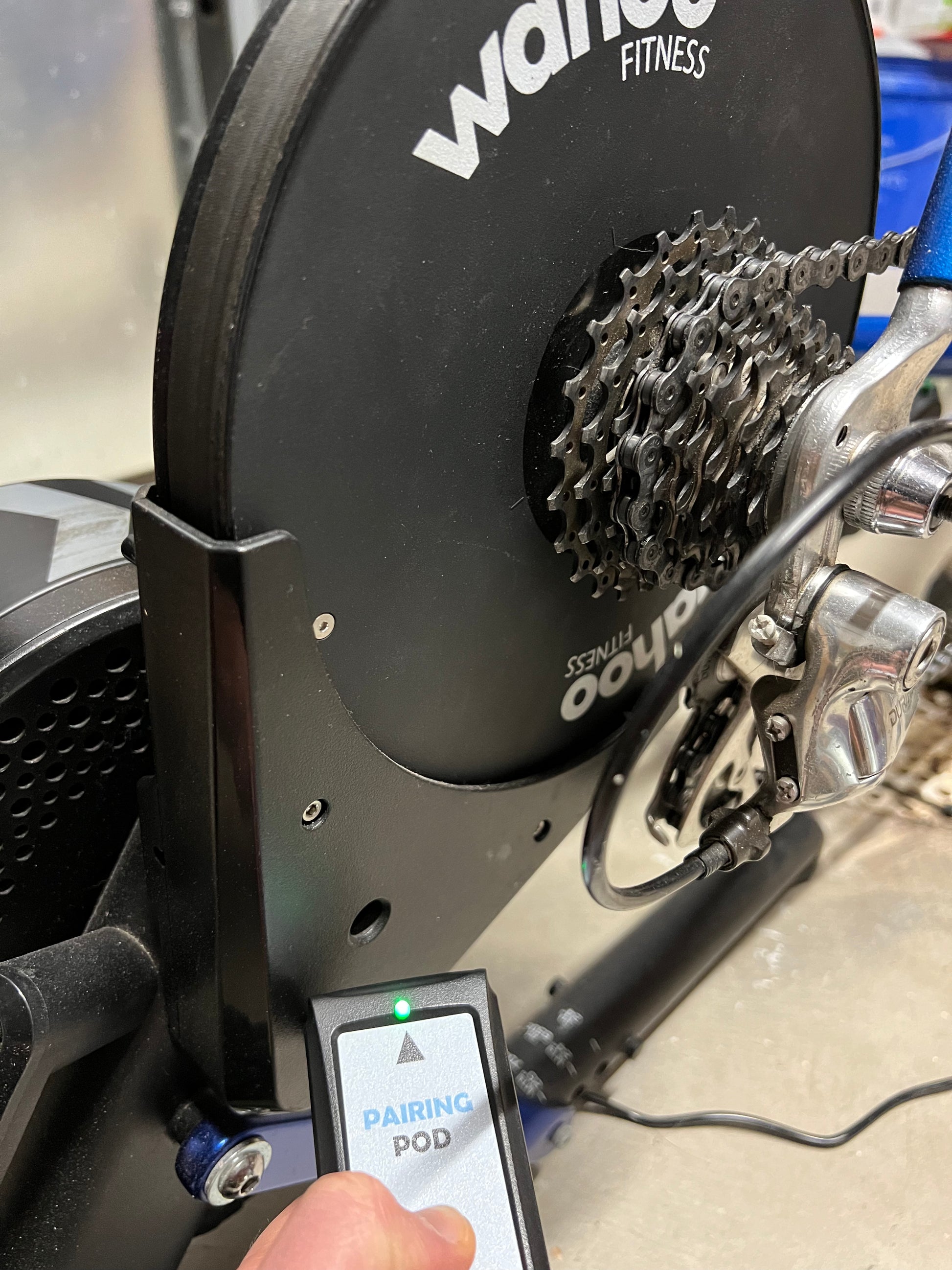 Image of an NPE Pairing Pod being used to identify the ANT+ ID of a Wahoo Kickr