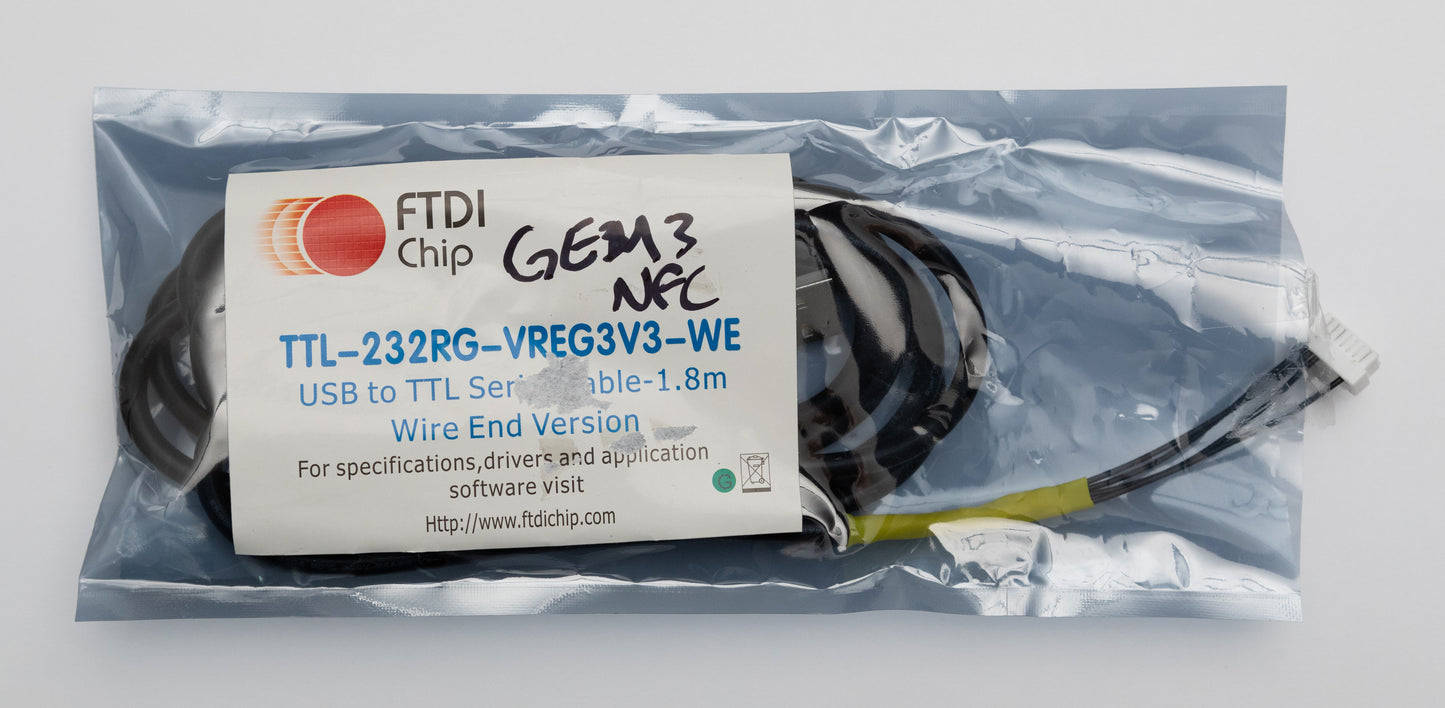 Image of a GEM3NFC FTDI cable in packaging from the front