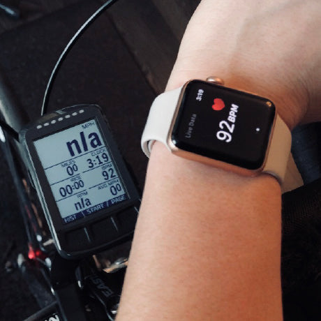 Image of the NPE Apple Watch heartbeatz application streaming heart rate to a Wahoo bike computer